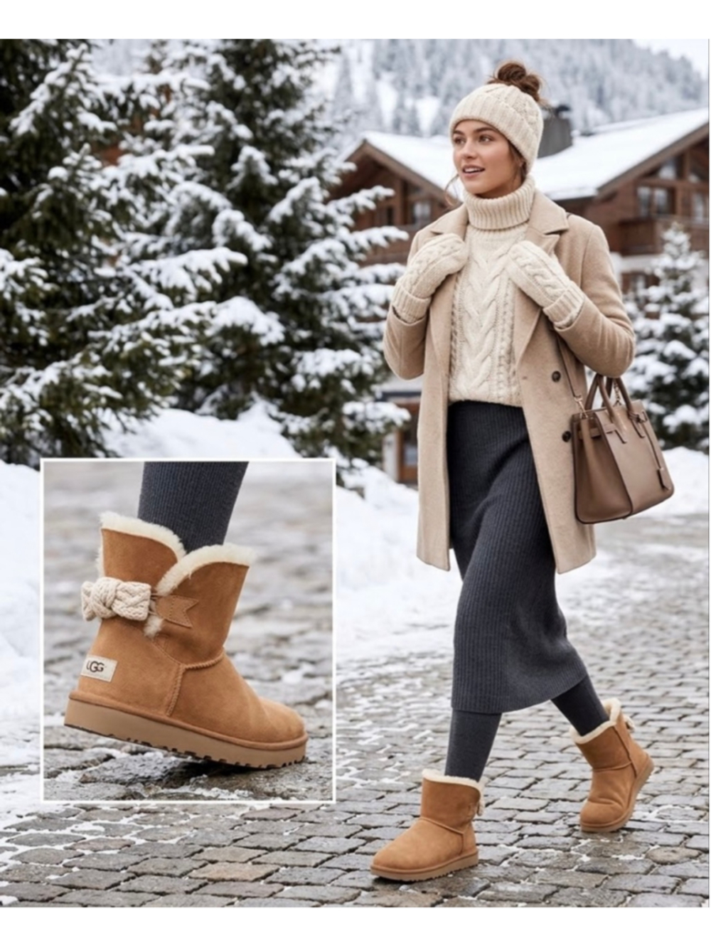 UGG Mini Bailey Knit Bow Boots in classic chestnut suede size 8